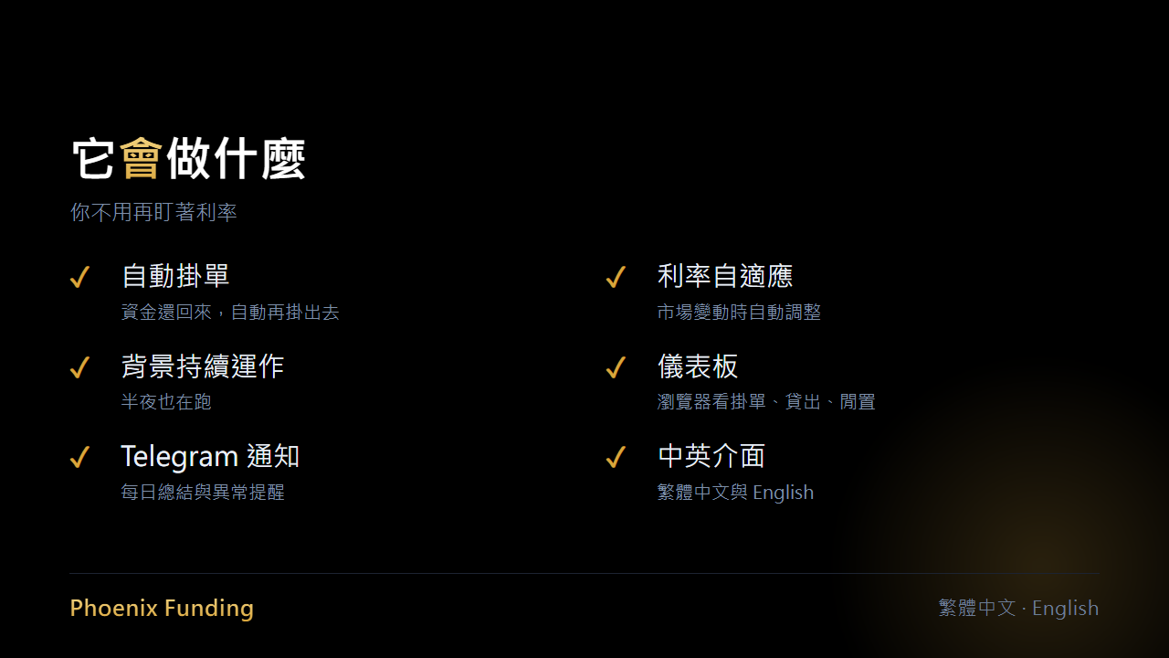 Phoenix Funding 功能總覽：自動掛單、利率自適應、背景運作、儀表板、Telegram 通知、中英介面